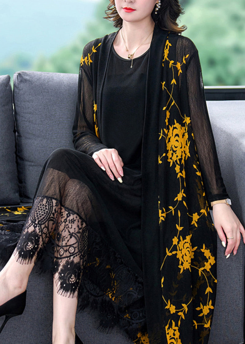Yellow V Neck Print Tulle Long Sunscreen Cardigans Long Sleeve