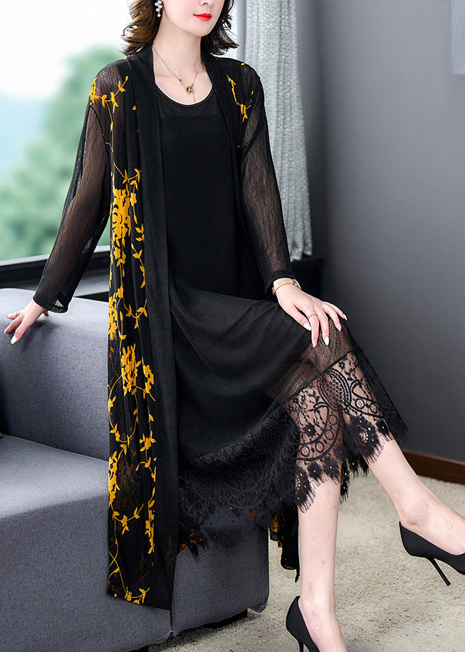 Yellow V Neck Print Tulle Long Sunscreen Cardigans Long Sleeve