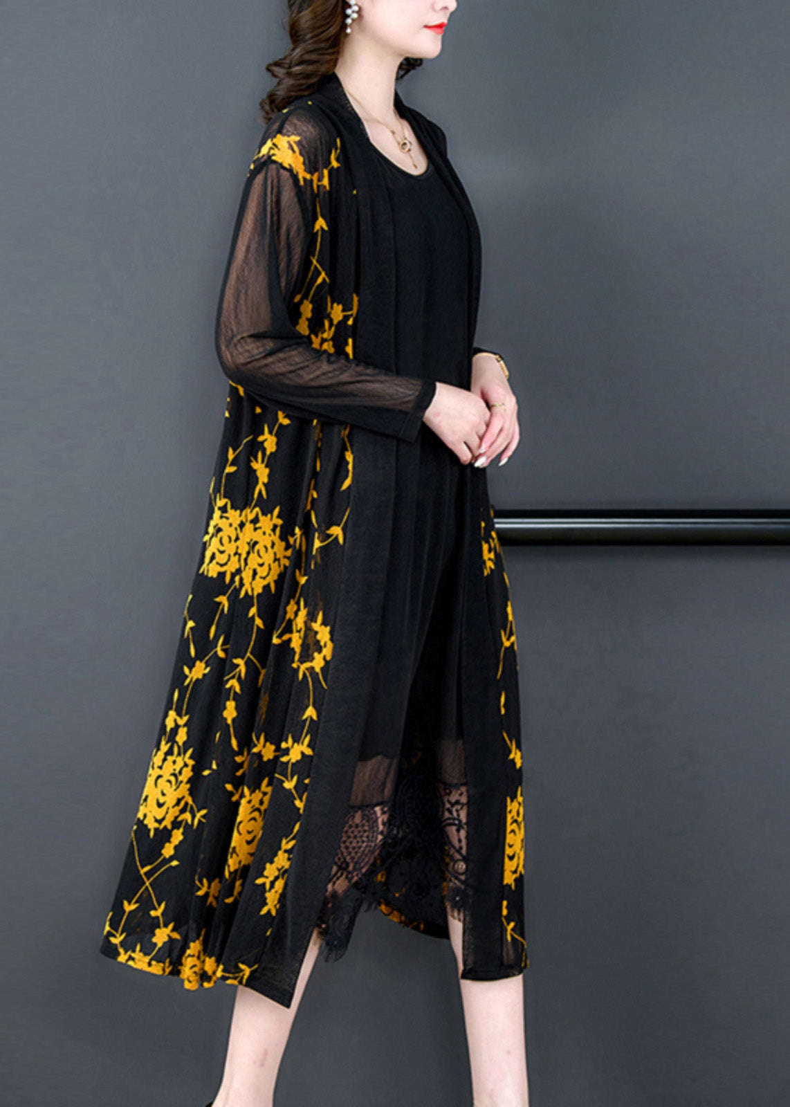 Yellow V Neck Print Tulle Long Sunscreen Cardigans Long Sleeve