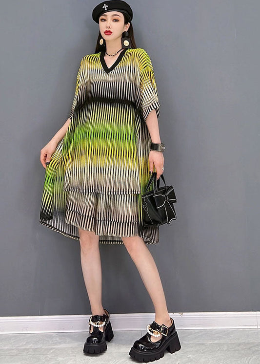 Yellow V Neck Striped Print Cotton Tanks and Shorts Two-piece Set Summer