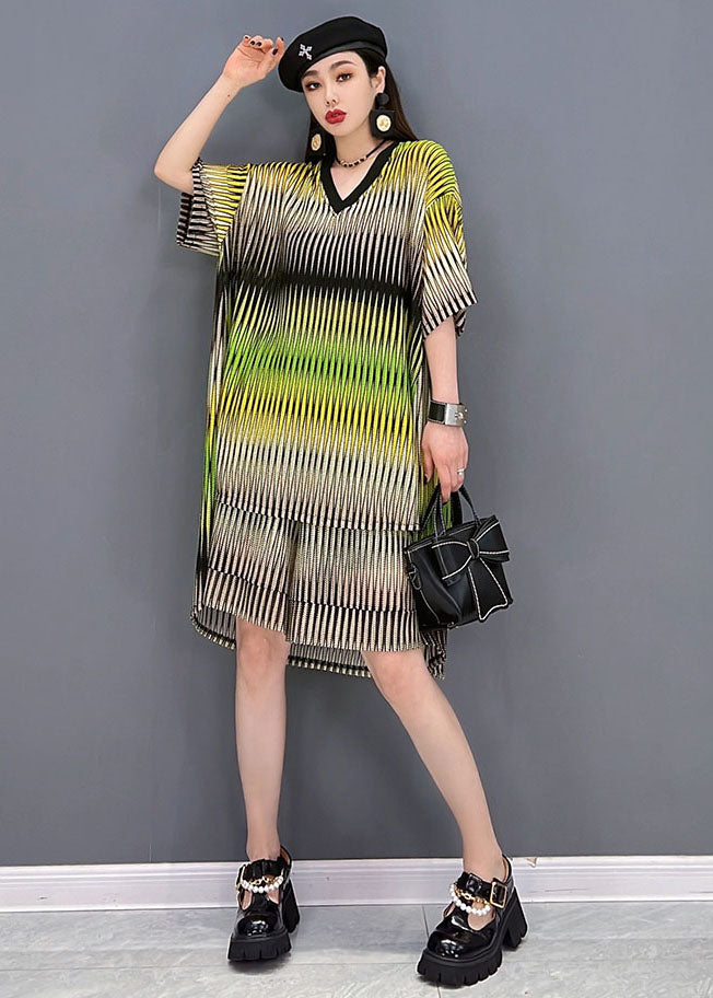 Yellow V Neck Striped Print Cotton Tanks and Shorts Two-piece Set Summer
