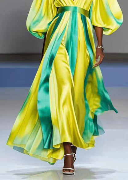 Yellow V Neck Tie Dye Silk Vacation Dresses Lantern Sleeve