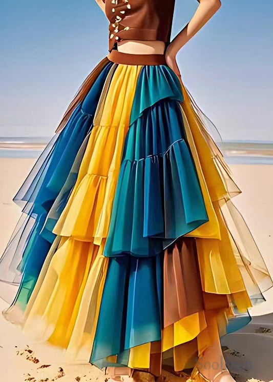 Yellow Wrinkled Elastic Waist Tulle Patchwork Skirts Summer