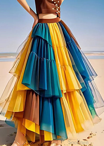 Yellow Wrinkled Elastic Waist Tulle Patchwork Skirts Summer