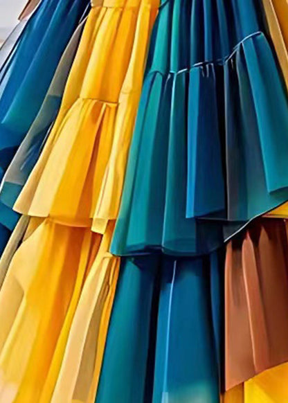 Yellow Wrinkled Elastic Waist Tulle Patchwork Skirts Summer