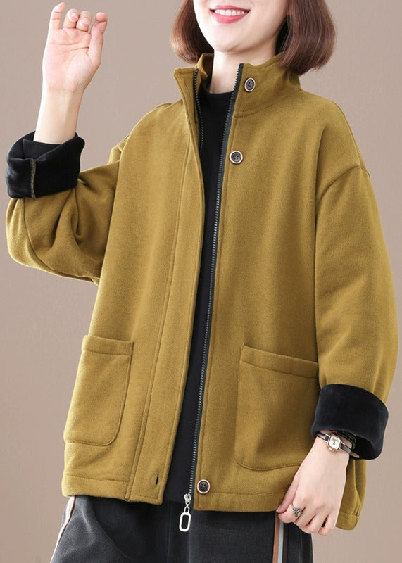 Yellow Zip Up Pockets Warm Fleece Coat Winter