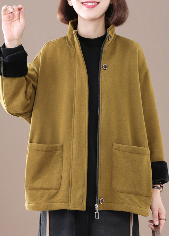 Yellow Zip Up Pockets Warm Fleece Coat Winter