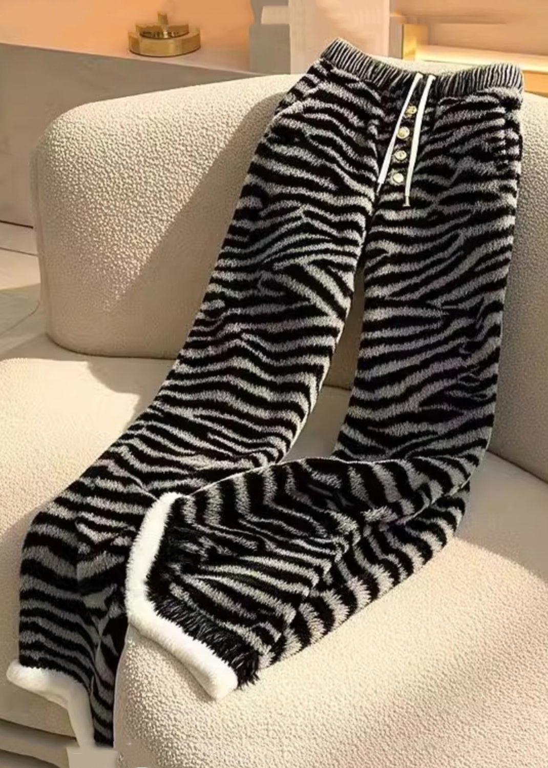 Zebra Pattern Lace Up Elastic Waist Fluffy Pants Spring