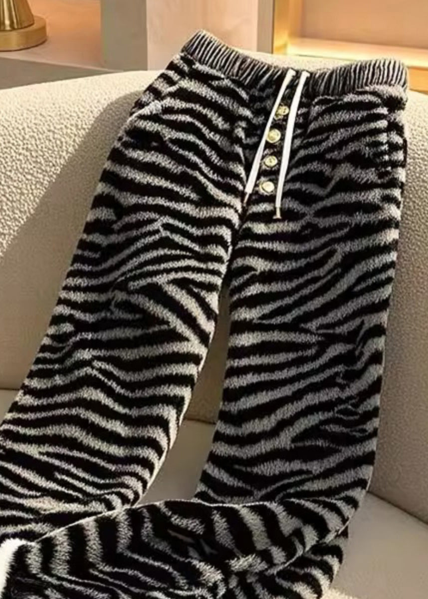 Zebra Pattern Lace Up Elastic Waist Fluffy Pants Spring