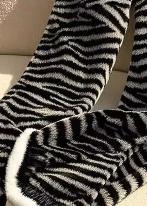Zebra Pattern Lace Up Elastic Waist Fluffy Pants Spring