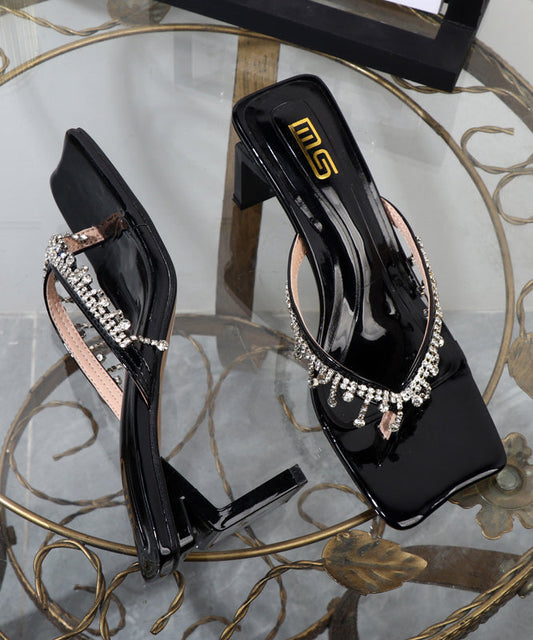 Zircon Splicing Chunky Black Faux Leather Flip Flops Slide Sandals