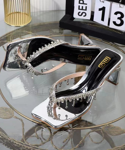 Zircon Splicing Chunky Black Faux Leather Flip Flops Slide Sandals