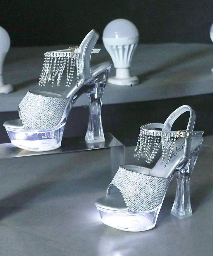 Zircon Tassel Crystal Chunky Heel Sandals Silver