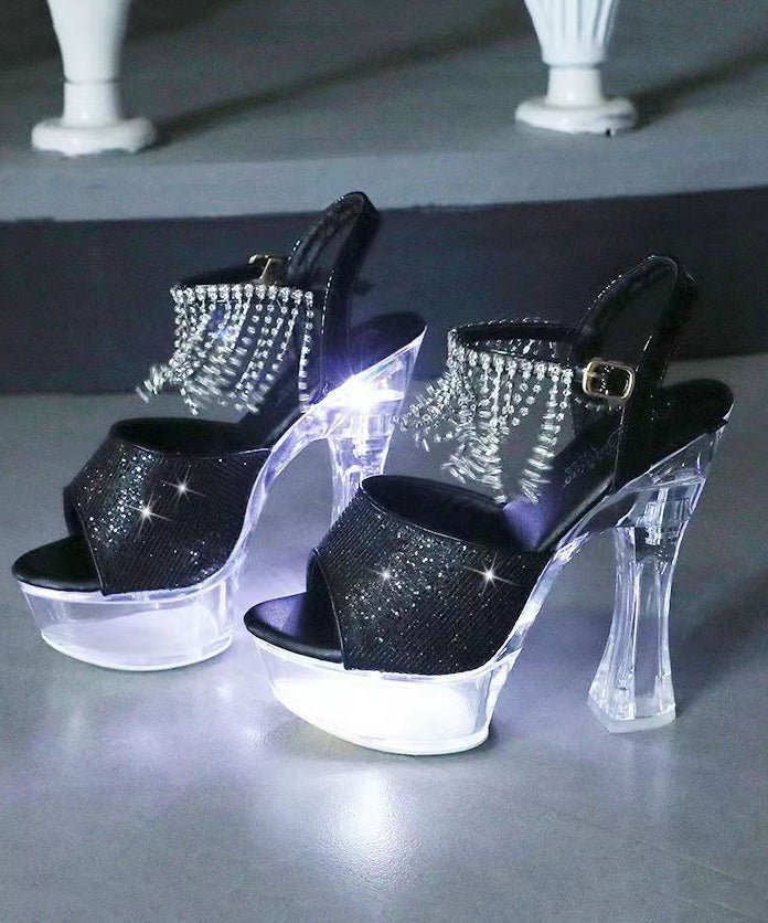 Zircon Tassel Crystal Chunky Heel Sandals Silver