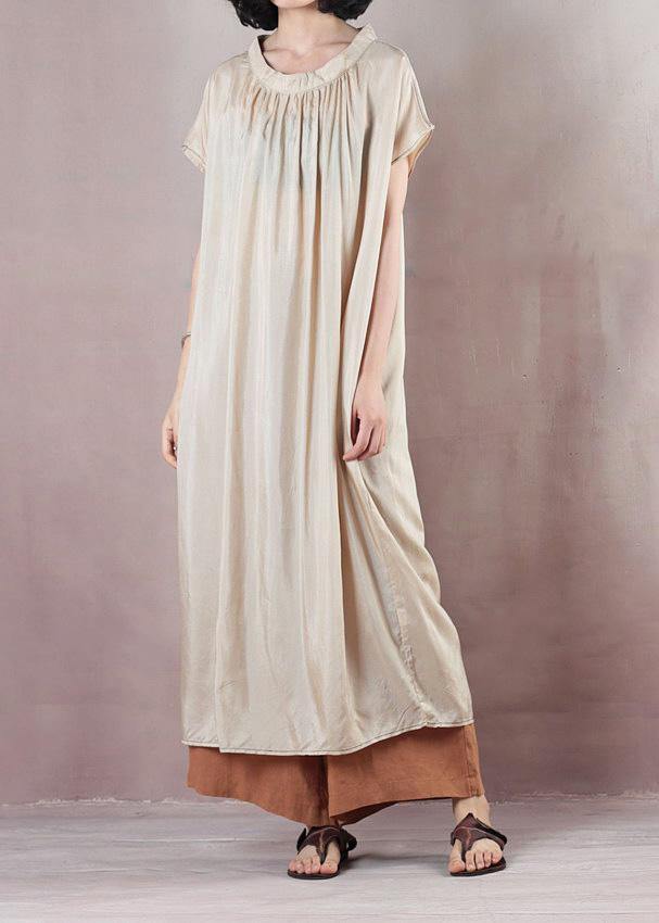 Beige Cotton Dress Short Sleeve Cinched Dress