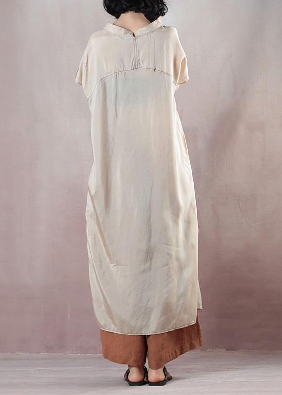 Beige Cotton Dress Short Sleeve Cinched Dress