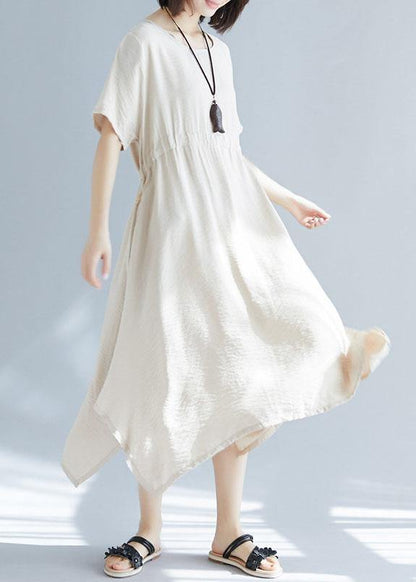 Big Hem Linen Cotton Clothes for Inspiration Beige Side Open Dress Summer