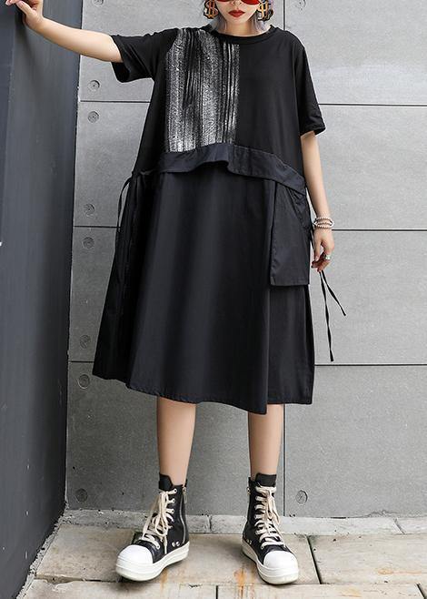Black Cotton Long Shirts O Neck Patchwork Art Summer Dress
