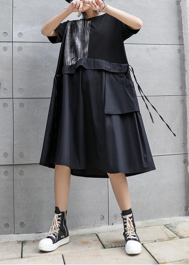 Black Cotton Long Shirts O Neck Patchwork Art Summer Dress