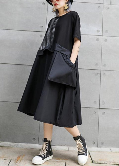 Black Cotton Long Shirts O Neck Patchwork Art Summer Dress