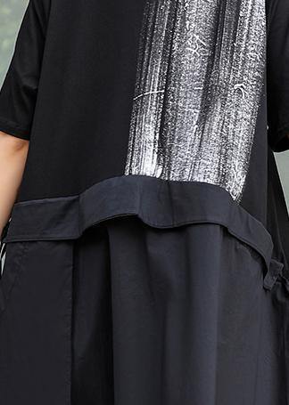 Black Cotton Long Shirts O Neck Patchwork Art Summer Dress