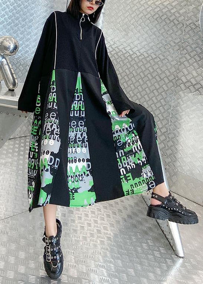 Black Letter Dress Stand Collar Zippered Dress