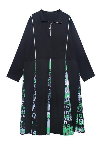 Black Letter Dress Stand Collar Zippered Dress
