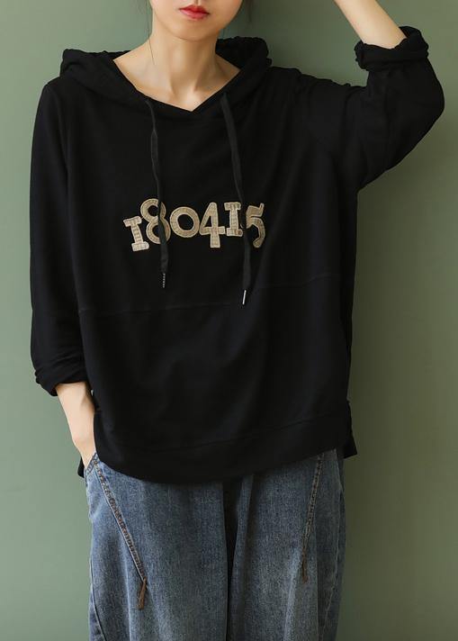 Chic black Letter tops women blouses hooded pockets Knee blouses