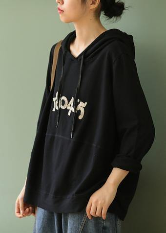 Black Letter Tops Blouses Hooded Pockets Knee Blouses