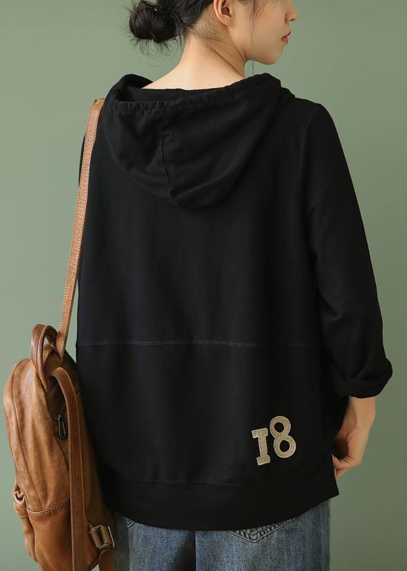 Black Letter Tops Blouses Hooded Pockets Knee Blouses