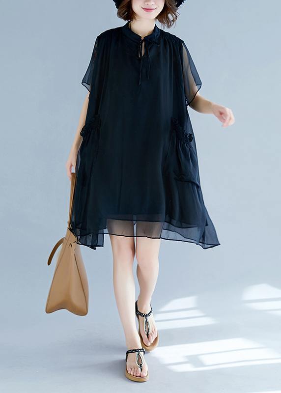 Black Chiffon Clothes for 18th Century Work Stand Collar Pockets Robe Summer Dresses