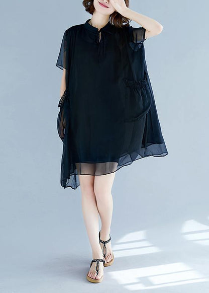 Black Chiffon Clothes for 18th Century Work Stand Collar Pockets Robe Summer Dresses