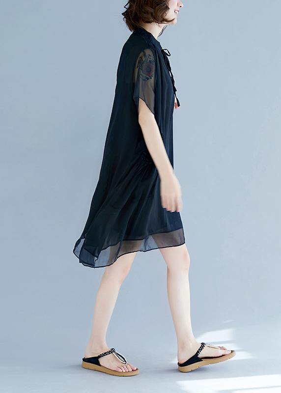 Black Chiffon Clothes for 18th Century Work Stand Collar Pockets Robe Summer Dresses