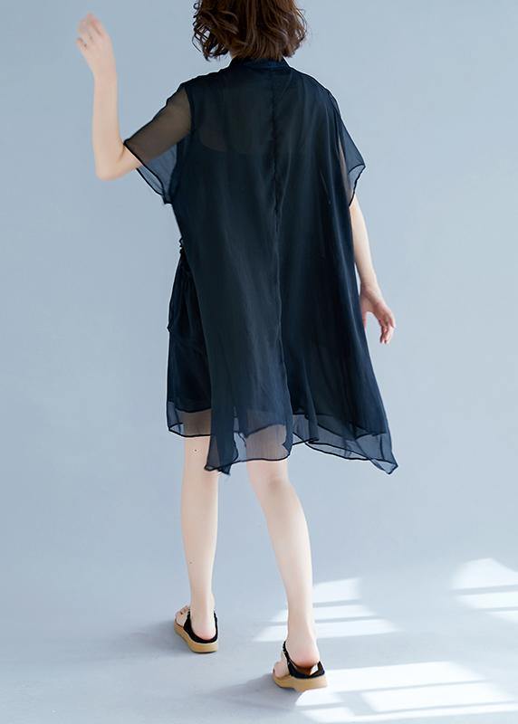 Black Chiffon Clothes for 18th Century Work Stand Collar Pockets Robe Summer Dresses