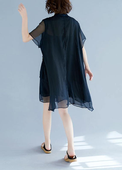 Black Chiffon Clothes for 18th Century Work Stand Collar Pockets Robe Summer Dresses