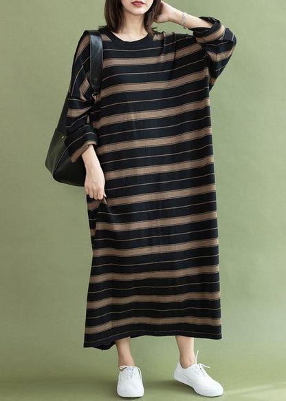 Black Chocolate Striped Cotton Quilting Dresses O Neck Baggy Long Fall Dresses
