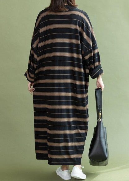 Black Chocolate Striped Cotton Quilting Dresses O Neck Baggy Long Fall Dresses