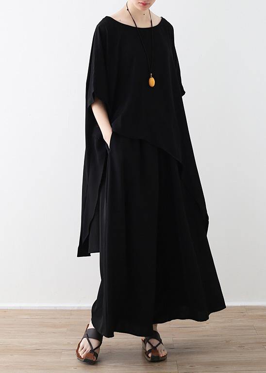 Black Clothes Fabrics Tops and Wide Leg Pants Asymmetric Clothing Summer Two Pieces