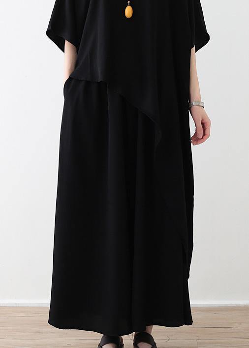 Black Clothes Fabrics Tops and Wide Leg Pants Asymmetric Clothing Summer Two Pieces