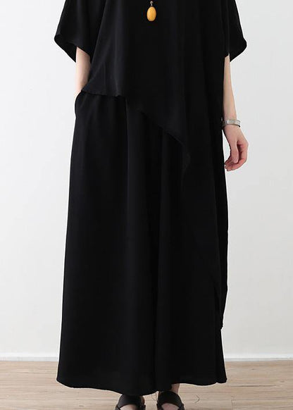 Black Clothes Fabrics Tops and Wide Leg Pants Asymmetric Clothing Summer Two Pieces