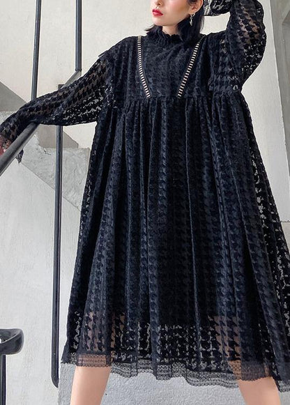 Black Cotton Tunics Hollow Out Cotton Robes O Neck Dresses