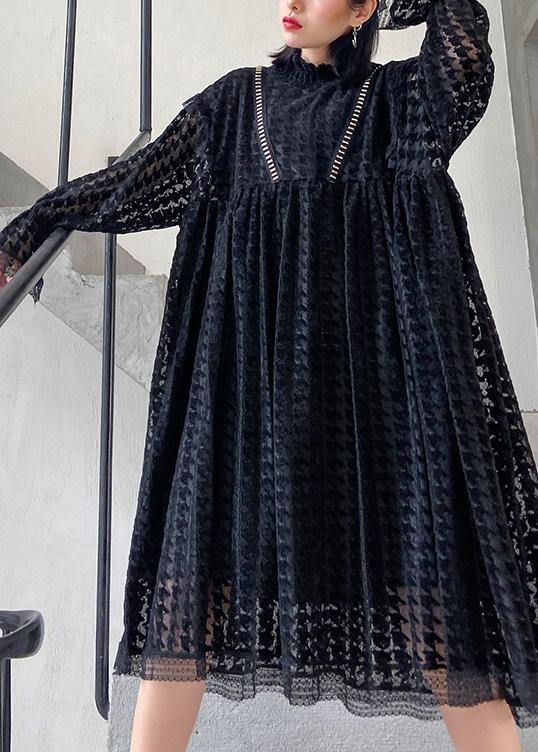 Black Cotton Tunics Hollow Out Cotton Robes O Neck Dresses