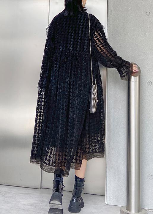 Black Cotton Tunics Hollow Out Cotton Robes O Neck Dresses