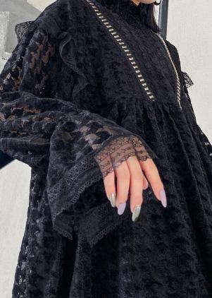 Black Cotton Tunics Hollow Out Cotton Robes O Neck Dresses