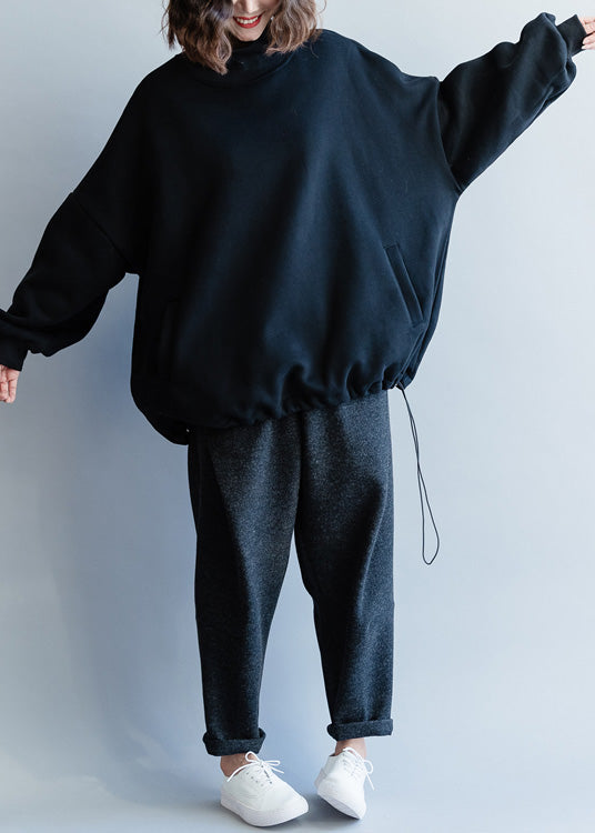 Black Cotton Linen Tops Tunic High Neck Baggy Tops