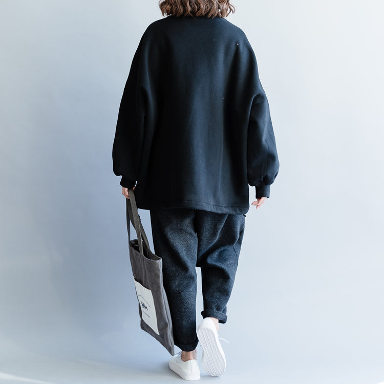 Black Cotton Linen Tops Tunic High Neck Baggy Tops