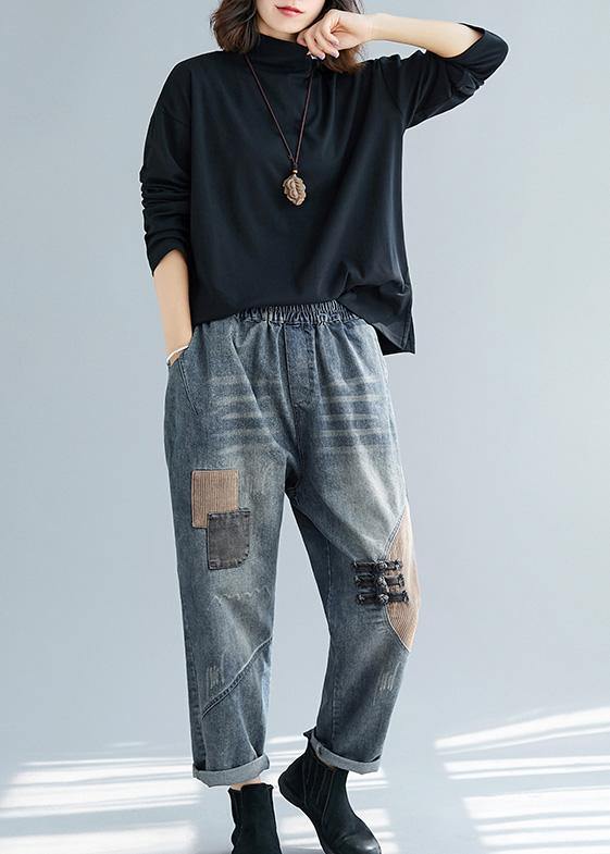 Chic black cotton tunic top stand collar cotton spring blouses