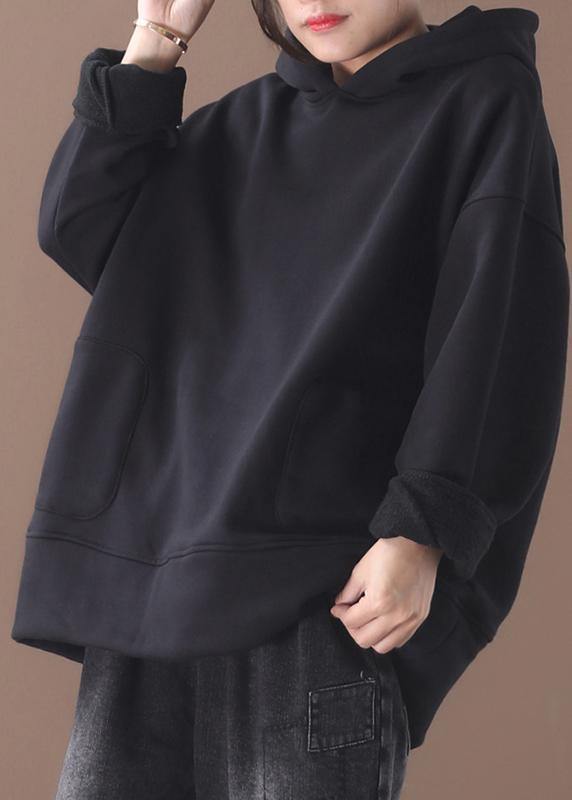 Black Cotton Tunics for Winter Box Hooded Blouses