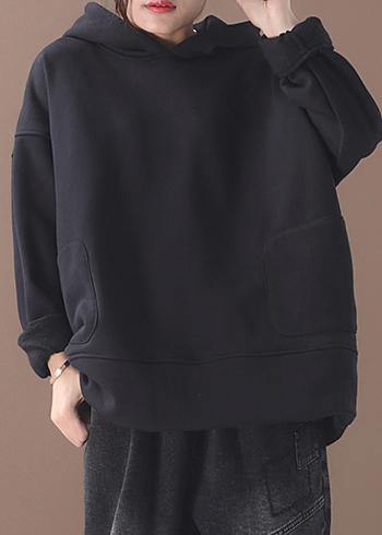Black Cotton Tunics for Winter Box Hooded Blouses