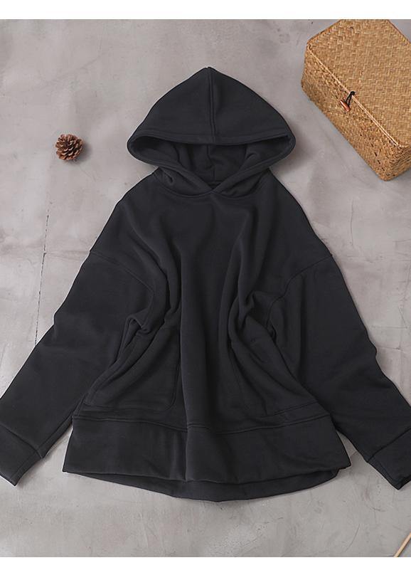 Chic black cotton tunics for women winter box hooded blouses